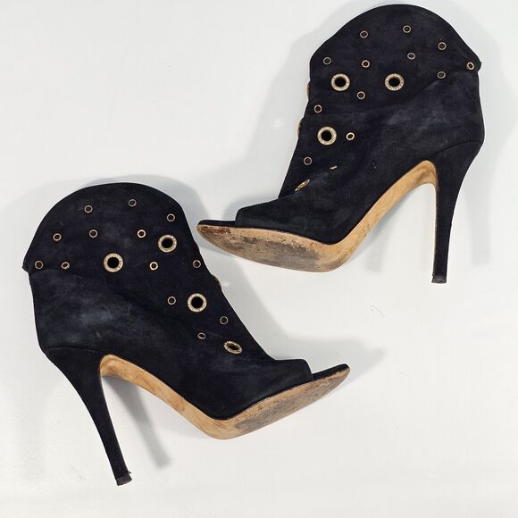 Giuseppe Zanotti Black Suede Crystal Eyelet Peep Toe Booties Size 39 - Picture 10 of 12